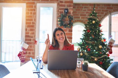 Güzel bir kadın evinde dizüstü bilgisayarla oturmuş Noel ağacının etrafında dolanıp bir numarayı gösterirken kendinden emin ve mutlu bir şekilde gülümsüyor..