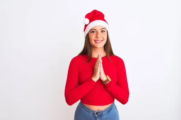 Joven Chica Hermosa Con Sombrero Navidad Santa Pie Sobre Fondo — Foto de Stock