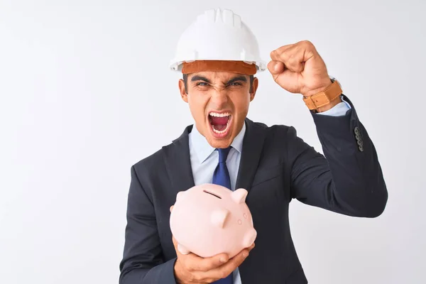 Handsome Architect Man Wearing Helmet Holding Piggy Bank Isolated White — Stock Photo, Image