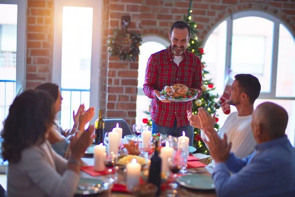 Beautiful Family Smiling Happy Confident Showing Roasted Turkey Applauding Celebrating — Stock Photo, Image