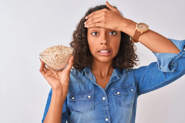 Young Brazilian Woman Holding Oat Bowl Standing Isolated White Background — Stockfoto