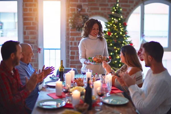 Beautiful Family Smiling Happy Confident Showing Roasted Turkey Applauding Celebrating — Stock Photo, Image