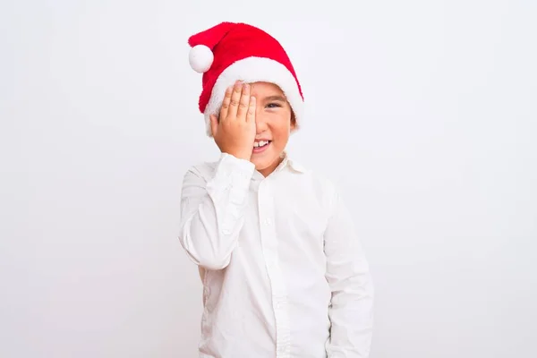 Beautiful Kid Boy Wearing Christmas Santa Hat Standing Isolated White — Stock Photo, Image