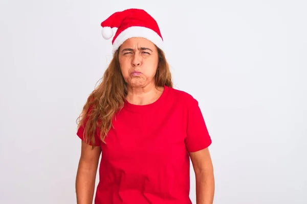 Femme Mûre Âge Moyen Portant Chapeau Noël Sur Fond Isolé — Photo