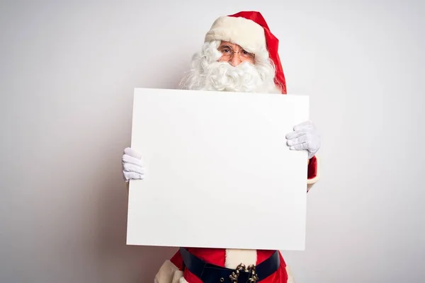 Middle Age Man Wearing Santa Claus Costume Holding Banner Isolated Royalty Free Stock Photos