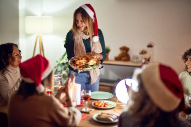 Mutlu ve kendinden emin gülümseyen güzel bir kadın grubu. Kızarmış hindiyi evde Noel 'i kutlarken gösteriyor.