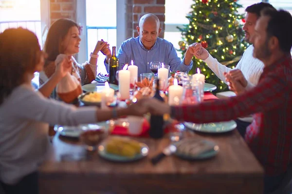 Beautiful Family Smiling Happy Confident Praying Celebrating Christmas Home — Stock Photo, Image