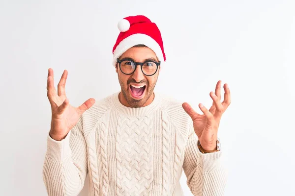 Young Handsome Man Wearing Christmas Hat Glasses Isolated Background Crazy — Stockfoto