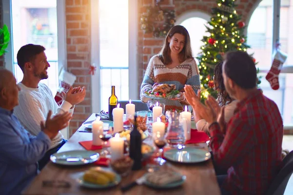 Beautiful Family Smiling Happy Confident Showing Roasted Turkey Applauding Celebrating — Stock Photo, Image