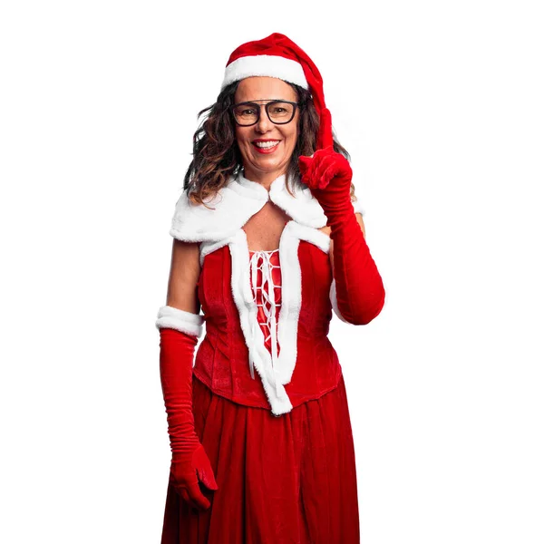 Mulher Meia Idade Vestindo Traje Papai Noel Mostrando Apontando Para — Fotografia de Stock