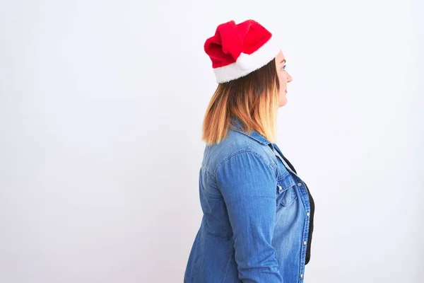 Mujer Hermosa Joven Con Sombrero Navidad Santa Pie Sobre Fondo —  Fotos de Stock