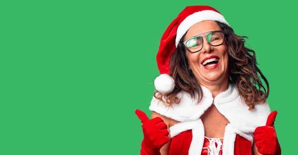 Femme Âge Moyen Portant Signe Succès Costume Père Noël Faire — Photo