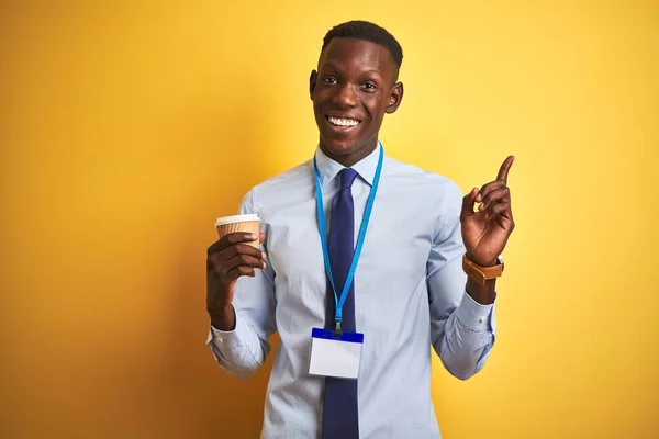 African American Businessman Wearing Drinking Coffee Isolated Yellow Background Very — Stockfoto