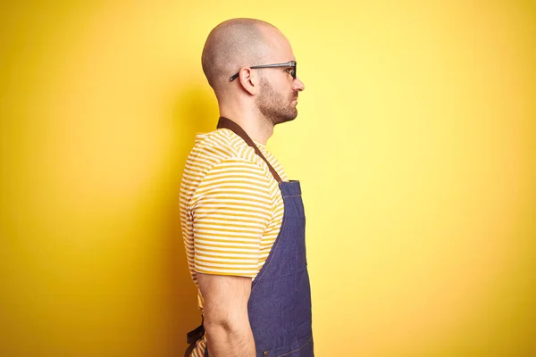 Young Bartender Man Wearing Barista Apron Working Professional Yellow Background — Stock Photo, Image