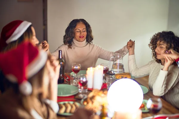 Beautiful Group Women Smiling Happy Confident Taking Hands Praying Together — Stockfoto