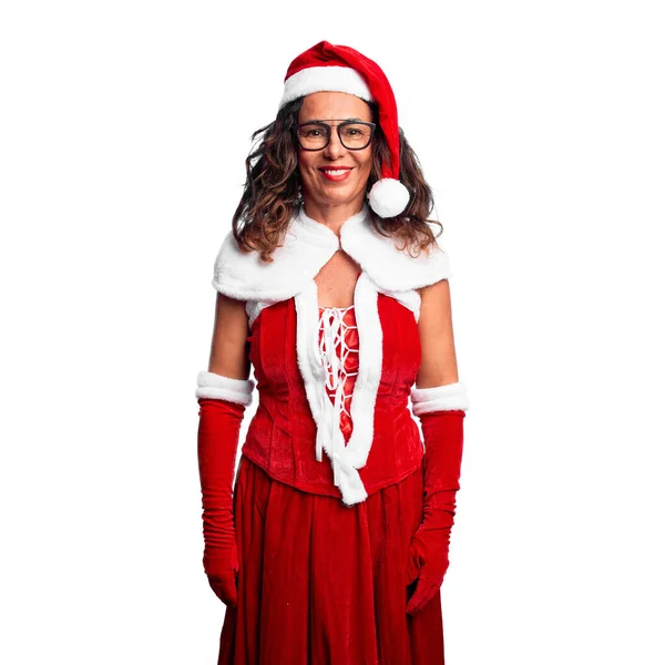 Mulher Meia Idade Vestindo Traje Papai Noel Com Sorriso Feliz — Fotografia de Stock