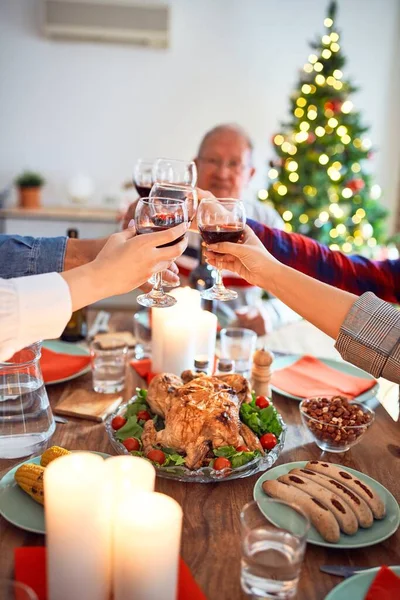 Beautiful family meeting smiling happy and confident. Eating roasted turkey toasting with cup of wine celebrating Christmas at home