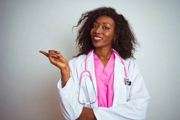 African American Doctor Woman Wearing Pink Stethoscope Isolated White Background — 스톡 사진
