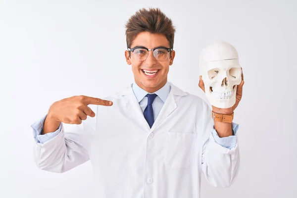 Young Handsome Doctor Man Wearing Glasses Holding Skull Isolated White Stock Image