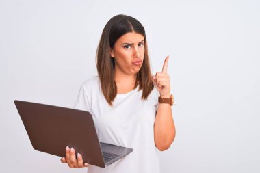 Beyaz arkaplanda bilgisayar bilgisayarı kullanan güzel genç bir kadın üzgün ve üzgün görünüyor, yönünü parmaklarıyla gösteriyor, mutsuz ve depresif..