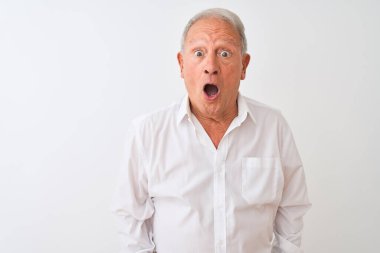 Beyaz arka plan üzerinde duran zarif gömlekli yaşlı gri saçlı adam korku, korku ve heyecan dolu bir yüz ifadesiyle korkmuş ve şok olmuştu..