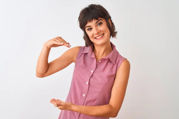 Ung Vacker Kvinna Bär Röd Sommar Skjorta Står Över Isolerad — Stockfoto