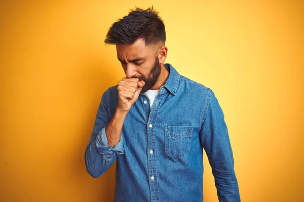 Young Indian Man Wearing Denim Shirt Standing Isolated Yellow Background — Stock Photo, Image