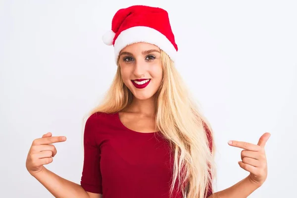 Joven Hermosa Mujer Con Sombrero Navidad Santa Sobre Fondo Blanco —  Fotos de Stock