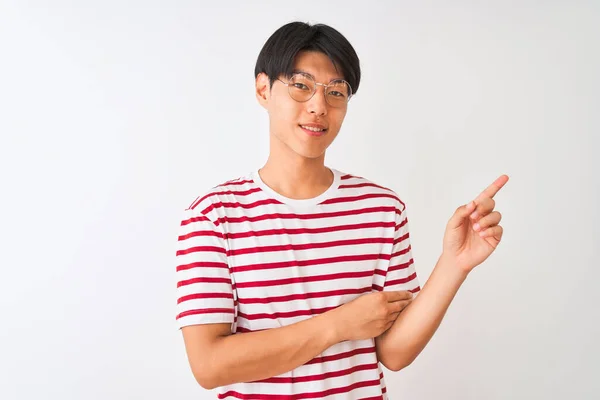 Young Chinese Man Wearing Glasses Striped Shirt Standing Isolated White — Stock Photo, Image