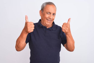 İzole edilmiş beyaz arka plan başarısı tabelasının üzerinde duran siyah polo giyen yaşlı, gri saçlı adam elle olumlu jest yapıyor, gülümsüyor ve mutlu. Neşeli ifade ve kazanan jest.