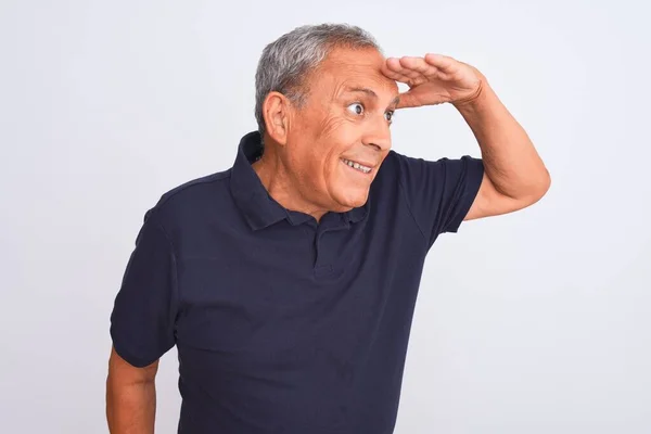 Senior Grey Haired Man Wearing Black Casual Polo Standing Isolated — 图库照片
