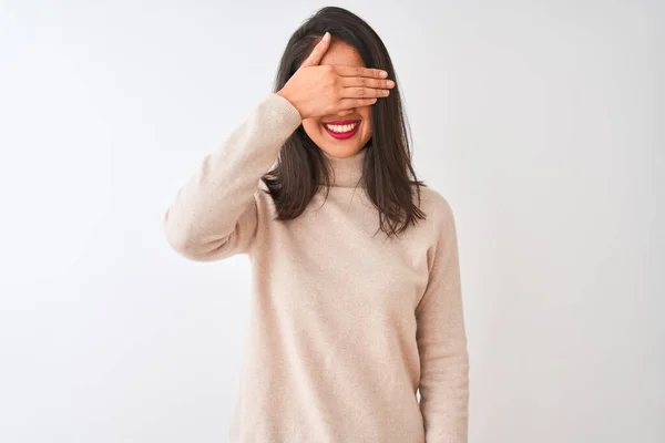 Beautiful Chinese Woman Wearing Turtleneck Sweater Standing Isolated White Background — Stock Photo, Image