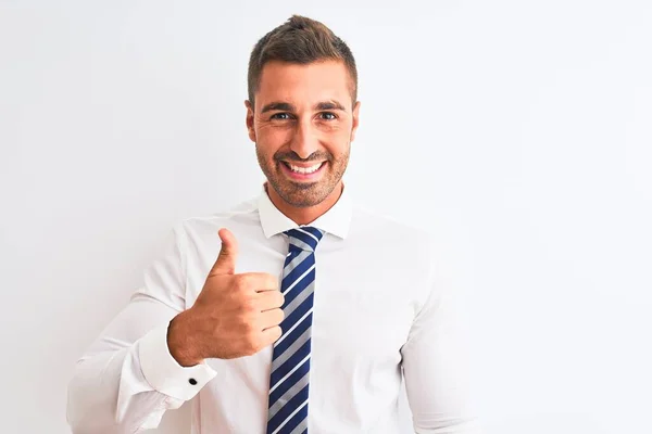 Joven Hombre Negocios Elegante Guapo Sobre Fondo Aislado Haciendo Pulgares — Foto de Stock