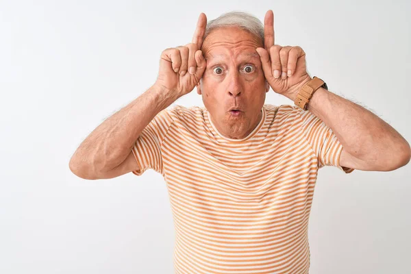 Senior Grey Haired Man Wearing Striped Shirt Standing Isolated White — Stock Photo, Image