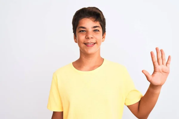 Guapo Adolescente Chico Pie Sobre Blanco Aislado Fondo Mostrando Apuntando — Foto de Stock