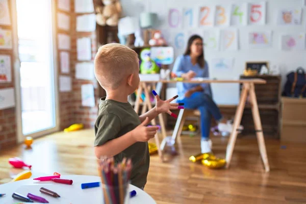 Young Caucasian Child Playing Playschool Teacher Mother Son Playroom Drawing — Stock Photo, Image