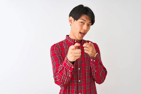 Young Chinese Man Wearing Casual Red Shirt Standing Isolated White — ストック写真