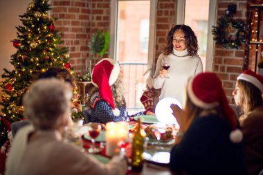 Mutlu ve kendinden emin gülümseyen güzel bir kadın grubu. Her birinin elinde şarap bardağıyla evde Noel 'i kutlayan konuşmaları var.