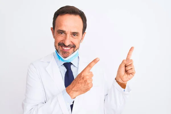 Middle Age Scientist Man Wearing Coat Medical Mask Isolated White — Stock Photo, Image