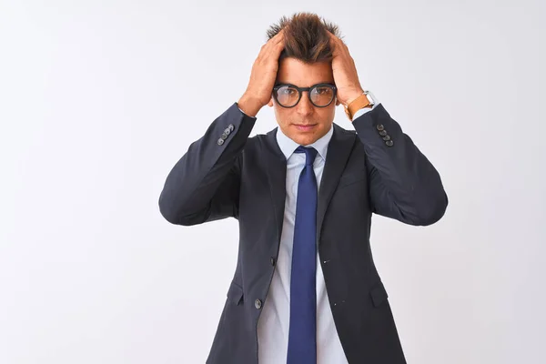 Young Handsome Businessman Wearing Suit Glasses Isolated White Background Suffering — Stock Photo, Image