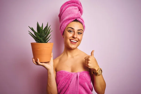 Beautiful Woman Wearing Towel Shower Holding Cactus Isolated Pink Background — Stockfoto