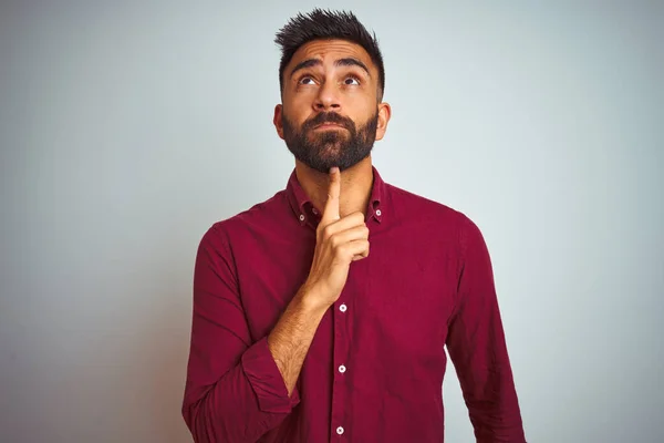 Young Indian Man Wearing Red Elegant Shirt Standing Isolated Grey — Stock Photo, Image
