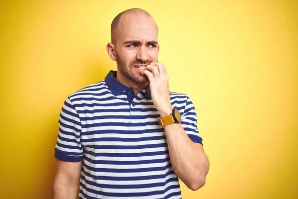 Young Bald Man Beard Wearing Casual Striped Blue Shirt Yellow — Stock Photo, Image