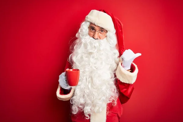 Senior Man Wearing Santa Claus Costume Holding Cup Coffee Isolated — Stock Photo, Image