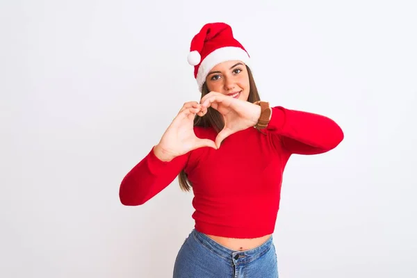 Menina Bonita Nova Vestindo Chapéu Natal Santa Sobre Fundo Branco — Fotografia de Stock