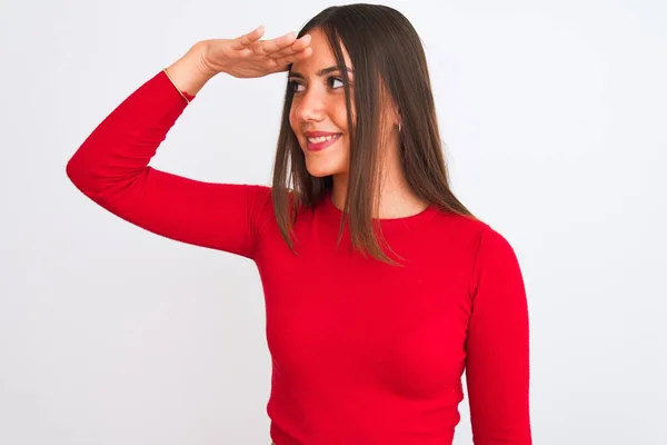 Jong Mooi Meisje Draagt Rood Casual Shirt Staan Geïsoleerde Witte — Stockfoto