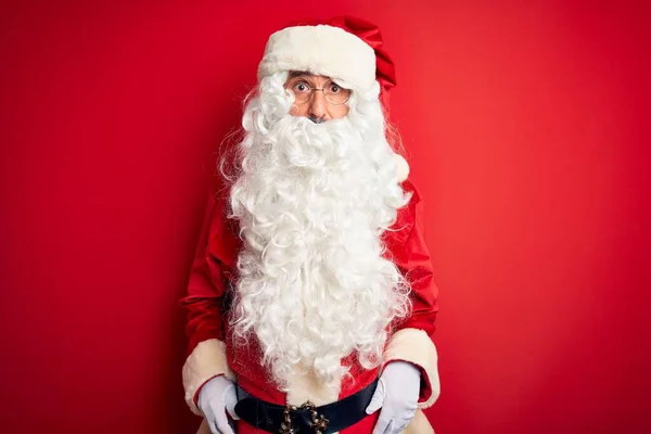 Middle Age Handsome Man Wearing Santa Costume Standing Isolated Red — Stock Photo, Image