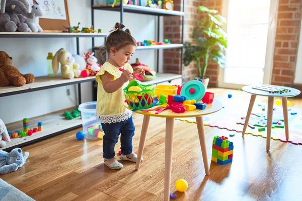 Beautiful Toddler Playing Table Plastic Vegetables Dishes Kindergarten — Stock Photo, Image