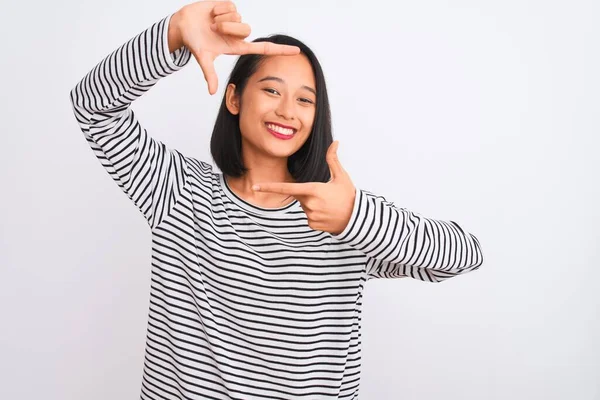 Young Chinese Woman Wearing Striped Shirt Standing Isolated White Background — 스톡 사진