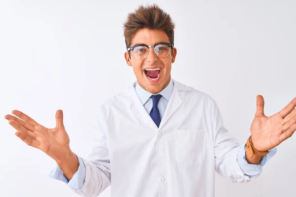 Young Handsome Sciencist Man Wearing Glasses Coat Isolated White Background — Stock Photo, Image